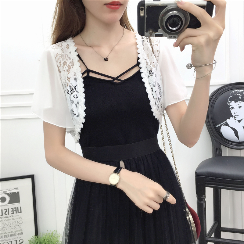 Khăn choàng nhỏ ren cardigan ngắn tay áo voan nữ áo khoác nhỏ mùa hè hoang dã đoạn ngắn bên ngoài áo vest nhỏ vai mỏng áo sơ mi trắng nữ