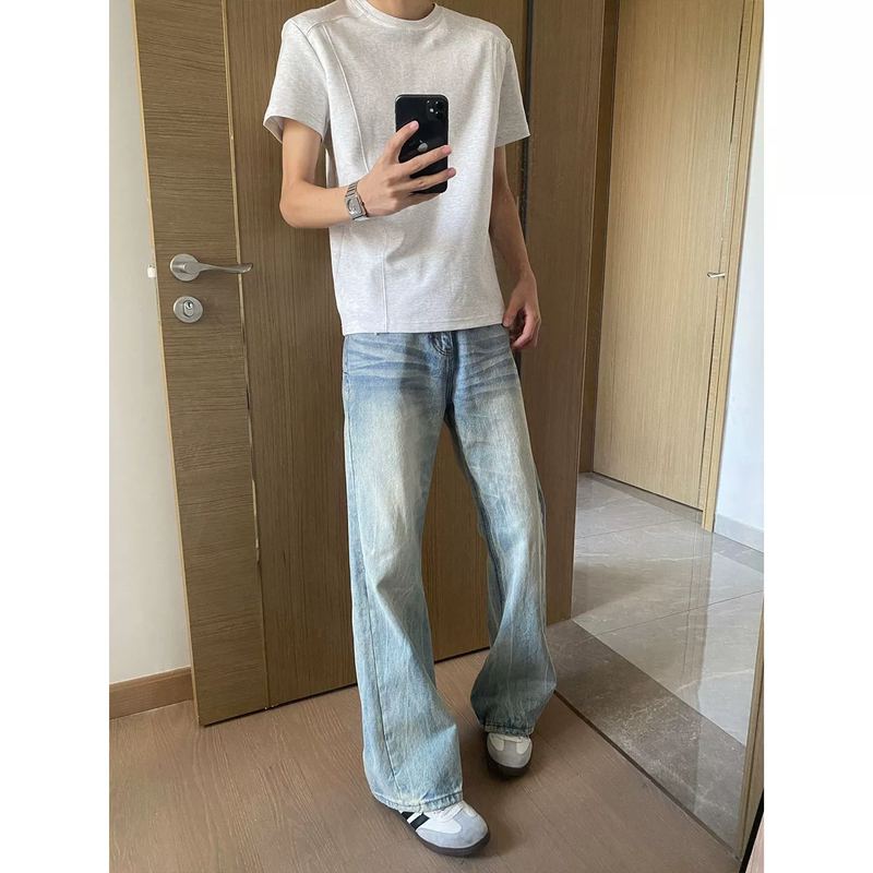 Cleanfit Light Blue Lightning Pattern Jeans Men's Summer American High Street Vibe Pants Straight-Leg Bootcut Pants