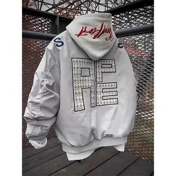 Gray letter embroidered baseball jacket men's spring trendy brand versatile silhouette top american high street work jacket