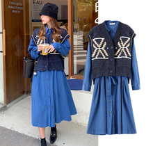 Pregnant Woman Fall Suit Easy to Thin Belly Dress Pregnant pregnant woman Lining Clothes for a long time Machia Two sets of breast-feeding dresses