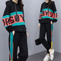 Pregnant womens sports suit Autumn winter new fashion Tide Cards Easy big code Even cap sweatshirt casual pants wear two sets
