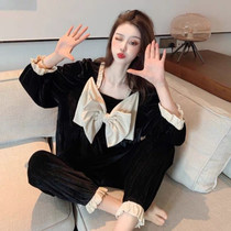 Pregnant woman autumn and winter pyjamas suit gold velvet square collar butterfly knot home clothes with loose big code net red spring and autumn two sets