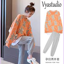 Pregnant Woman Spring Clothing Suit New Fashion Outdoor Autumn winter Little Bear Weater clothes loose big code sports casual Two sets