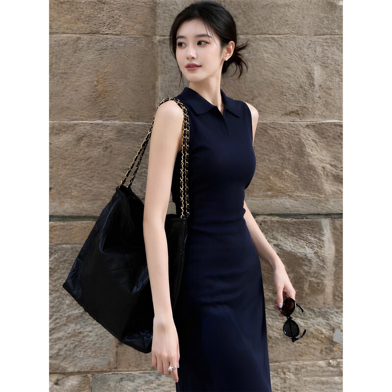 Beautiful and Unique Tank Dress, French-Style Slim Fit, Navy Blue Polo Collar, Sleeveless Knitted Bodycon Dress for Women in Summer Beautiful and Unique Tank Dress, French-Style Slim Fit, Navy Blue Polo Collar, Sleeveless Knitted Bodycon Dress for Women in Summer