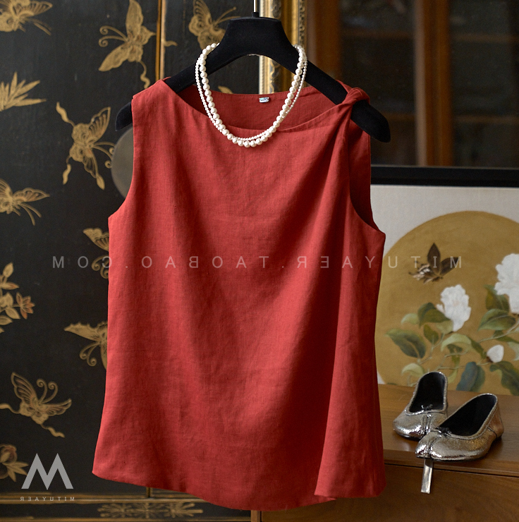 The Export Counter Has Withdrawn the New Women's Twist-Shoulder Boat Neck Red Linen Sleeveless Tank Top The Export Counter Has Withdrawn the New Women's Twist-Shoulder Boat Neck Red Linen Sleeveless Tank Top