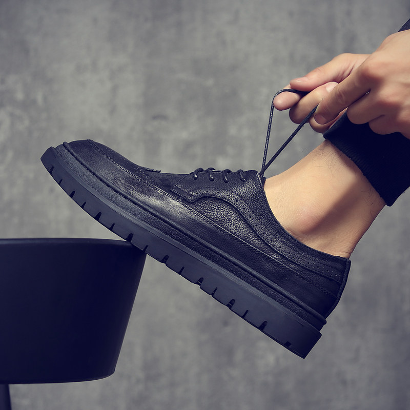 Tide brand men's casual leather shoes men's breathable Korean style trendy shoes men's inner heightening British carved brogue men's shoes