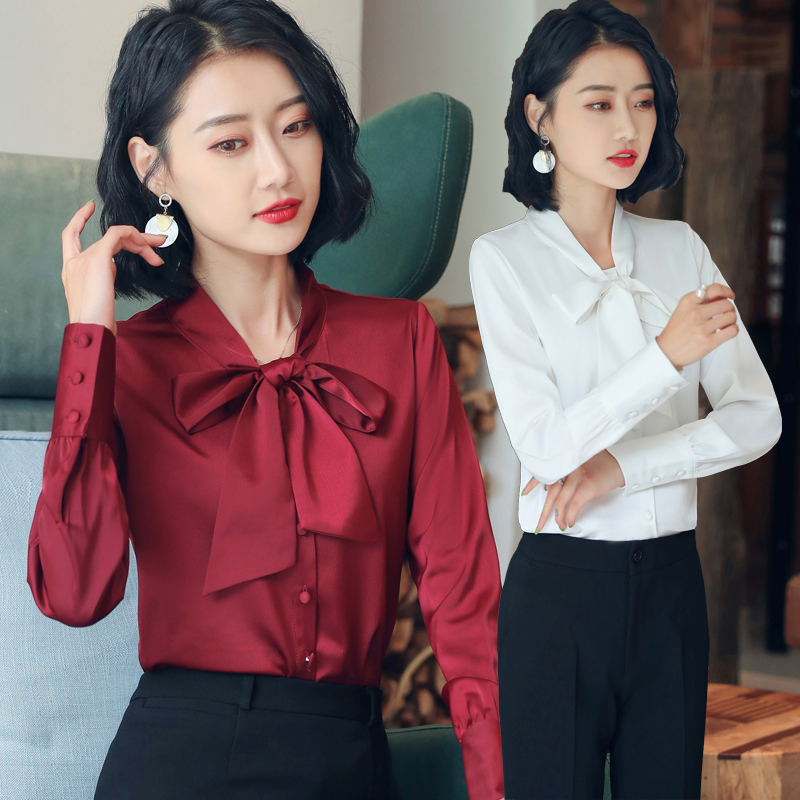 Burgundy Bow Tie Shirt for Women, Long-Sleeved, 2022 Autumn Professional Wear, Fashionable and Stylish Satin Silk Shirt Top Burgundy Bow Tie Shirt for Women, Long-Sleeved, 2022 Autumn Professional Wear, Fashionable and Stylish Satin Silk Shirt Top
