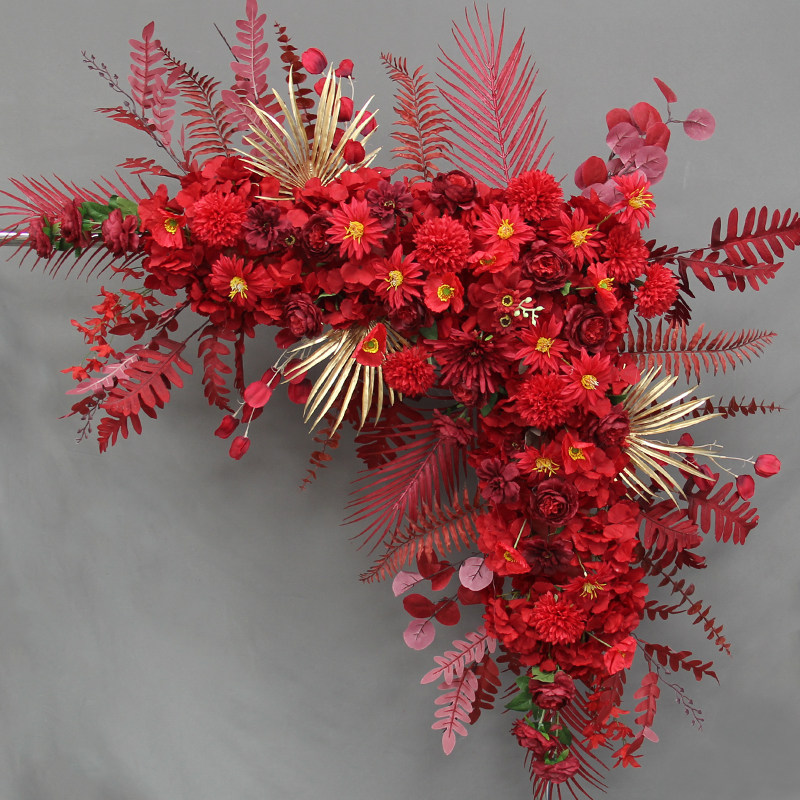 Wedding triangle flower row wedding arch hanging flower wedding stage background welcome area layout hanging row flower simulation silk flower