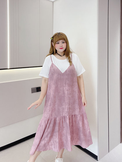 长短款胖仙女莹莹大码女装胖mm夏韩版宽松休闲设计感假两件连衣裙