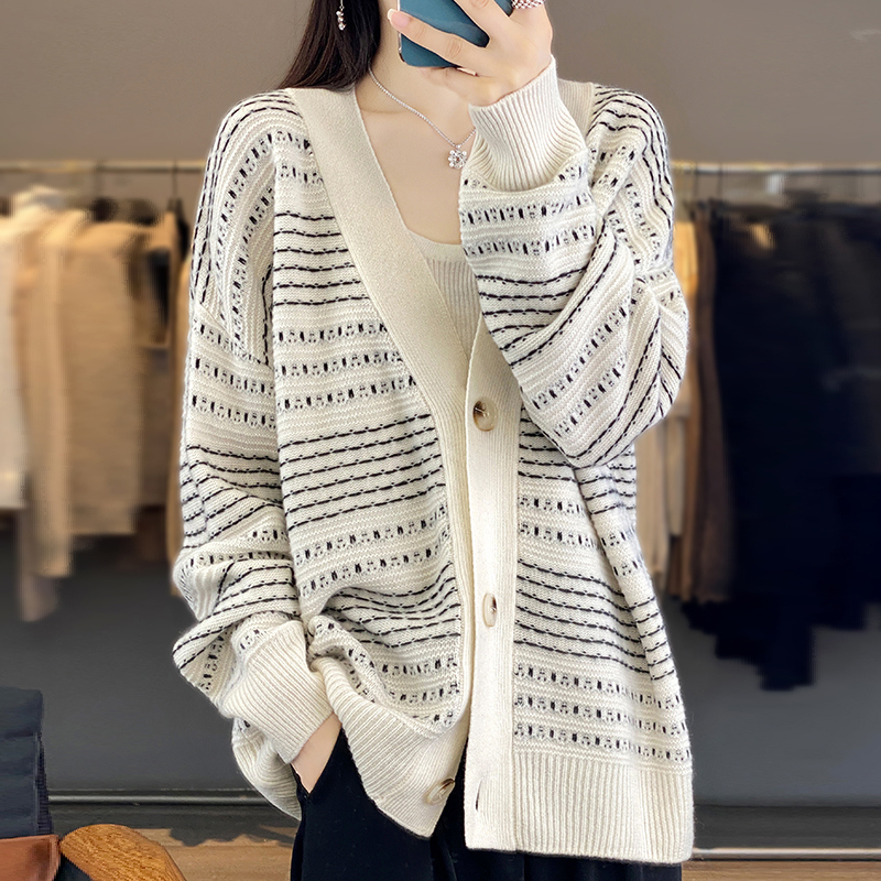 Mid-Length V Neck 100 Pure Wool Cardigan for Women, Dotted Jacquard Color-Blocked Sweater Jacket, Loose Cashmere Knitted Top