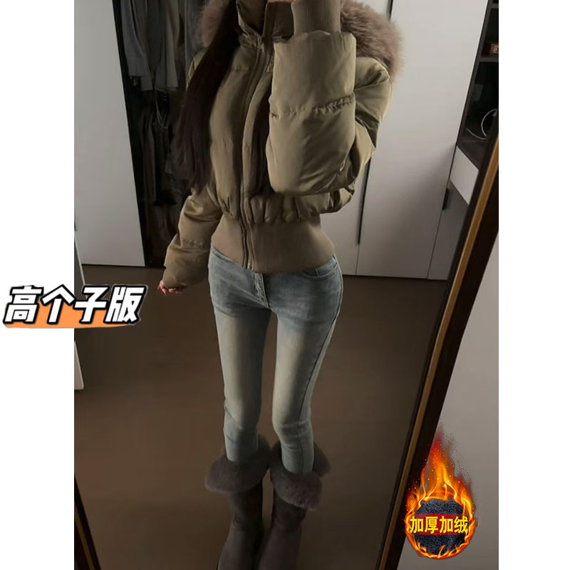 Tall Women's Extra-Long 175cm Washed Vintage Skinny Jeans with Fleece Lining, High-Waisted, Hip-Enhancing, Tight-Fitting Pencil Pants