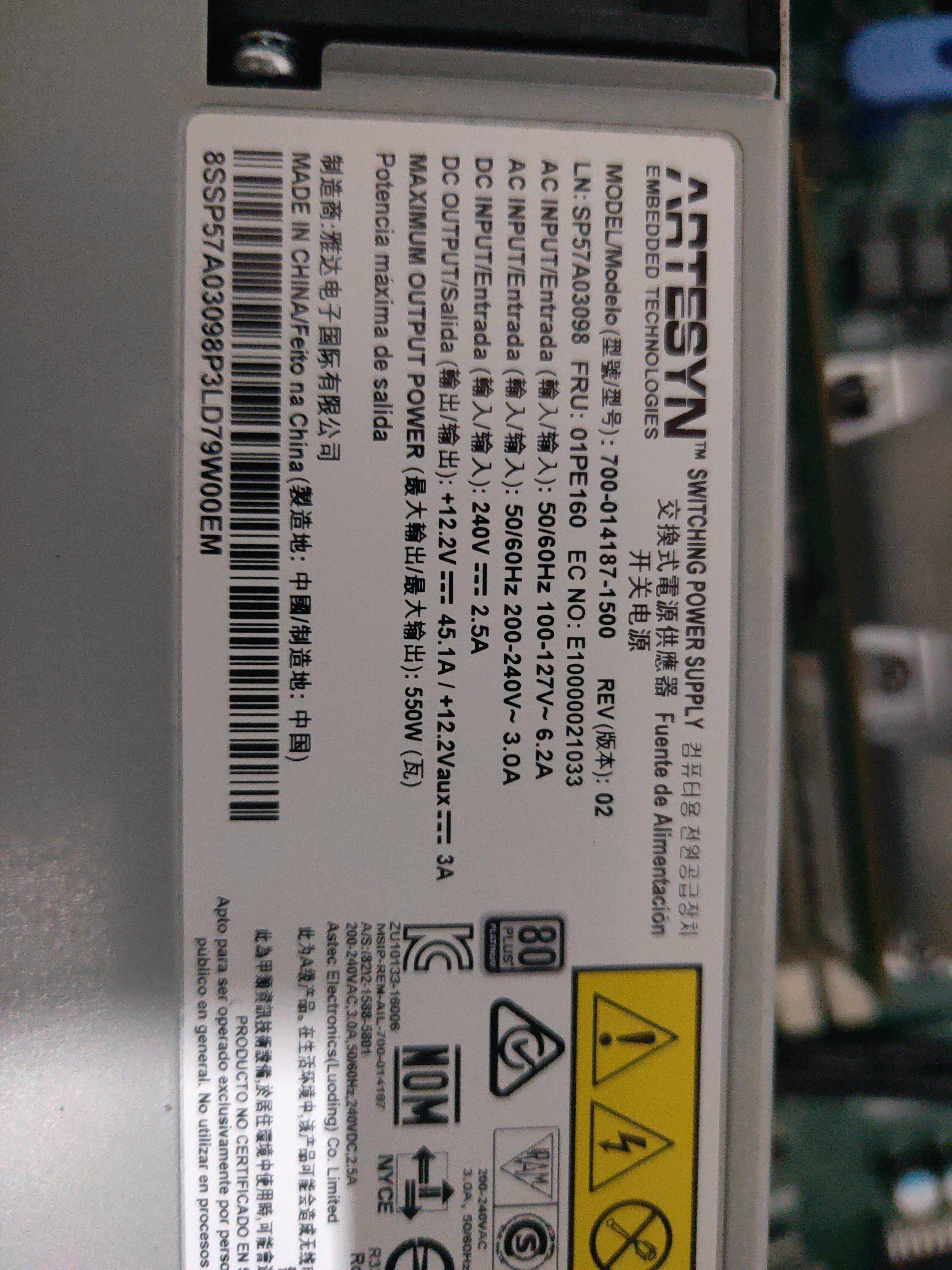 Lenovo SR550 server power supply 700-014187-1500 01PE160