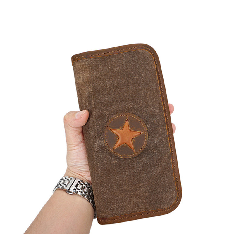 Qigusi's new men's wallet retro oil wax water-repellent canvas multi-card wallet long version handmade leather