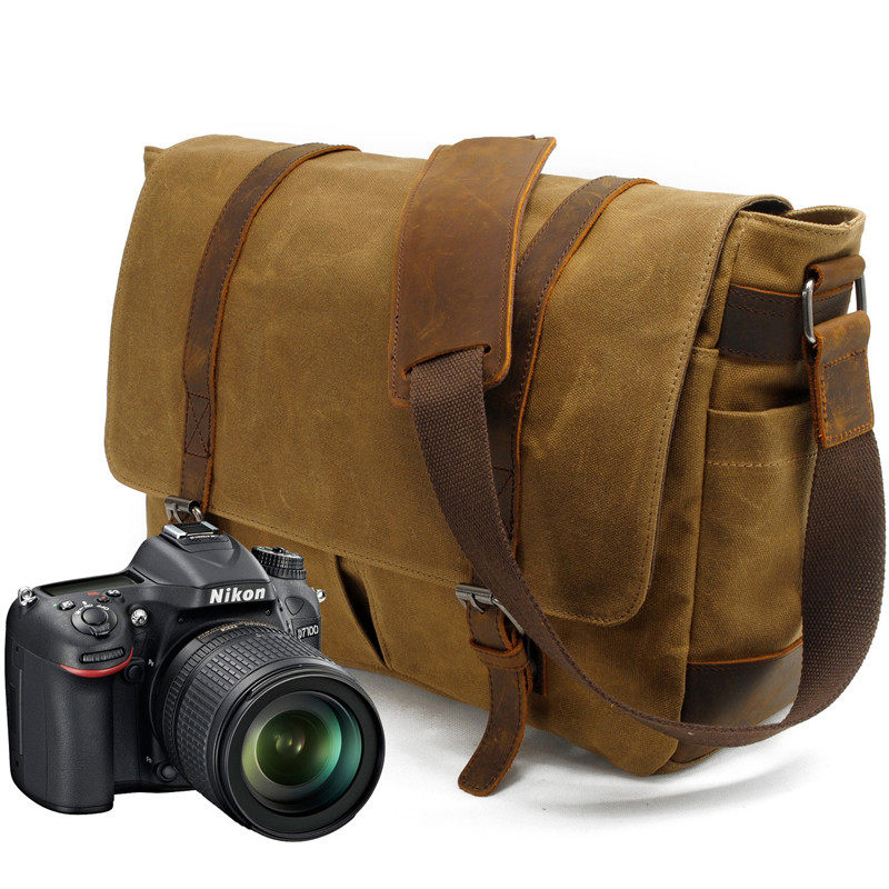 Qiguxi Outdoor Camera Bag Retro Waterproof Bag Canvas Satchel Bag Genuine Leather Bag SLR Camera Bag Men's Single Shoulder Bag