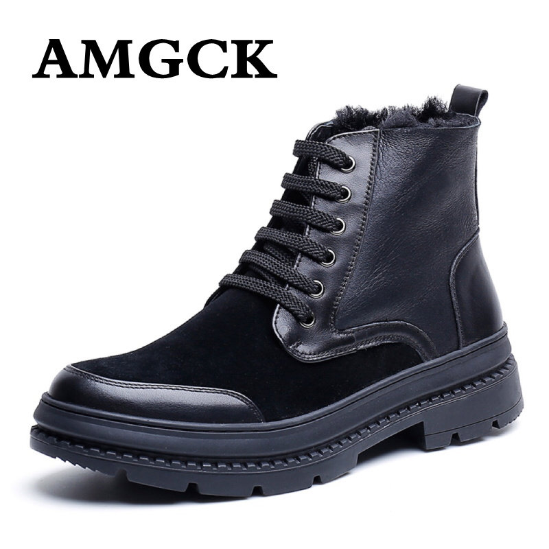  AMGCK plus velvet thick bottom male boot lamb fur integrated snow boots genuine leather warm high cylinder shoes Hong Kong