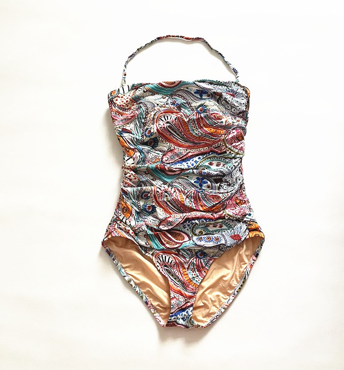 American J.Crew High-End Textured Artistic Print Small Bust Push-Up Ruched Tummy-Covering Backless Halter Neck Bandeau Swimsuit