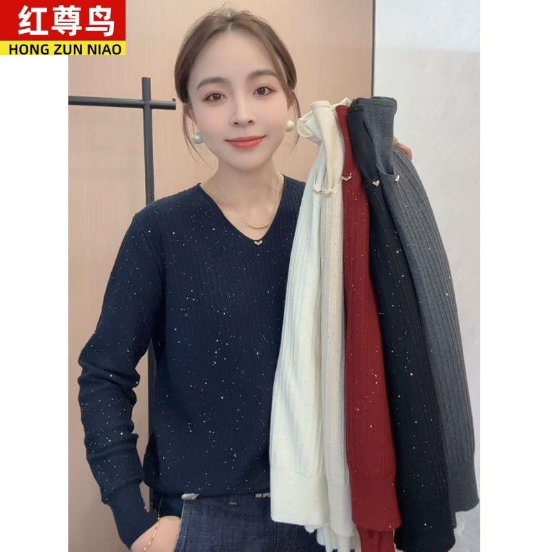 Women's Autumn and Winter Fashion Stylish Starry Sequin V-Neck Sweater Stretchy Knit Base Shirt Versatile Top Women's Autumn and Winter Fashion Stylish Starry Sequin V-Neck Sweater Stretchy Knit Base Shirt Versatile Top