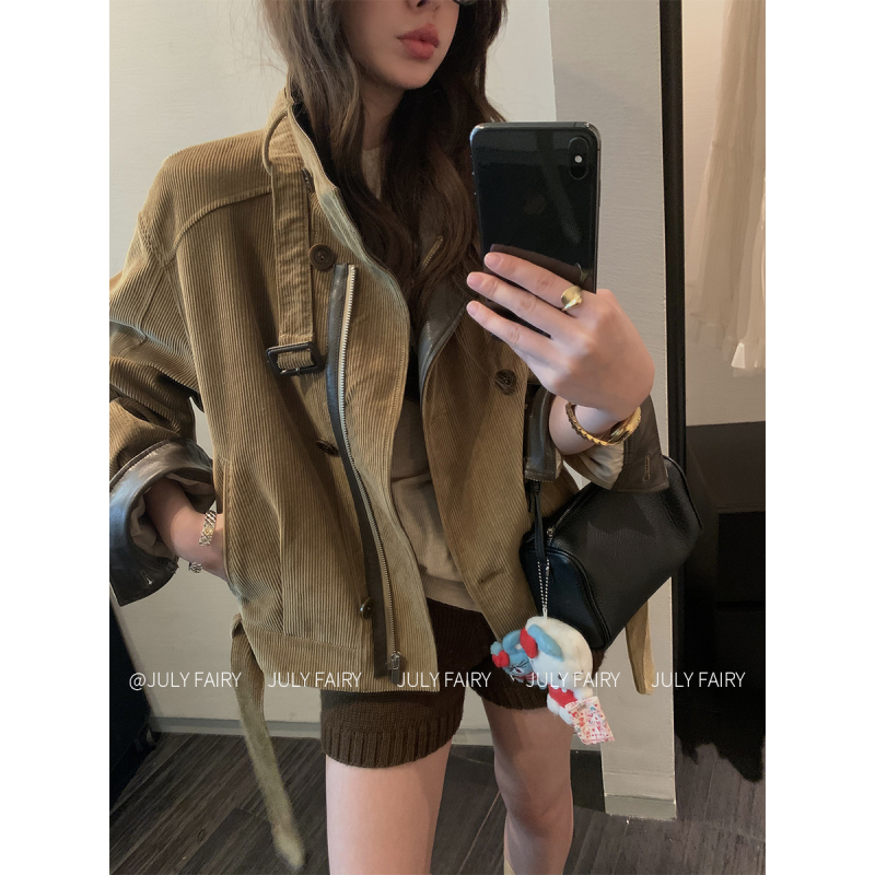 July Fairy Color-Blocked Short Corduroy Jacket with Vintage Distressed Look, Loose Barn Style, Stand Collar, Drop Shoulder, Short Jacket July Fairy Color-Blocked Short Corduroy Jacket with Vintage Distressed Look, Loose Barn Style, Stand Collar, Drop Shoulder, Short Jacket