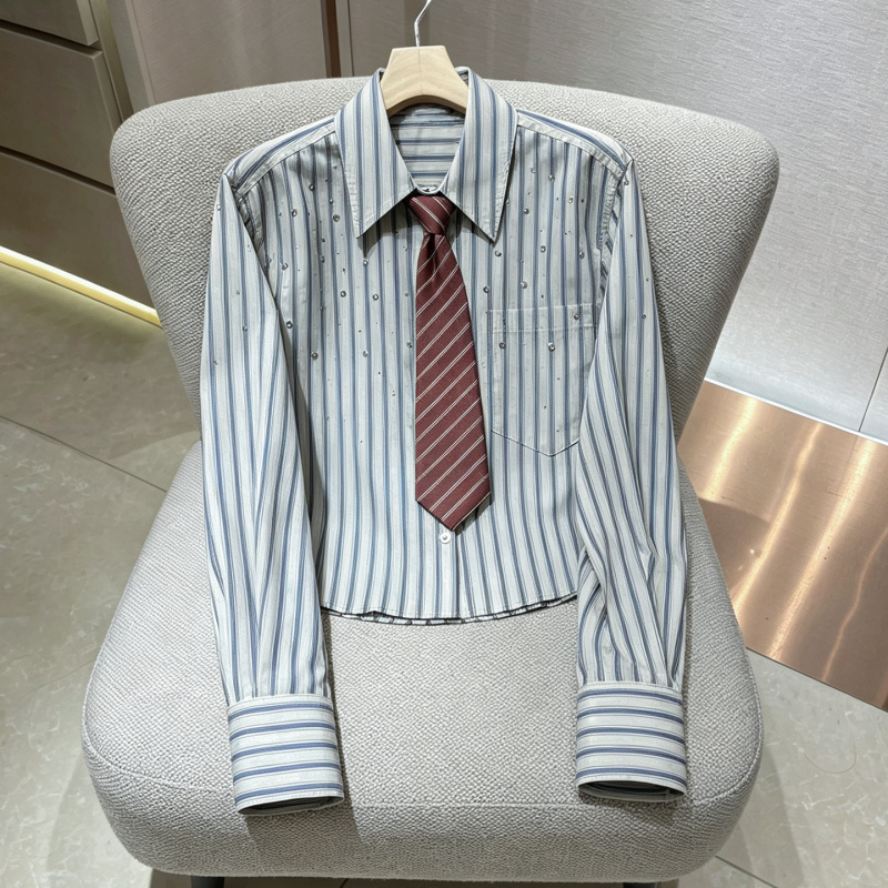 Striped Long-Sleeve Shirt for Women, 2026 Autumn New Style, Age-Reducing, Preppy Fashion, Heavy-Duty Rhinestone Embellished Blouse Striped Long-Sleeve Shirt for Women, 2026 Autumn New Style, Age-Reducing, Preppy Fashion, Heavy-Duty Rhinestone Embellished Blouse