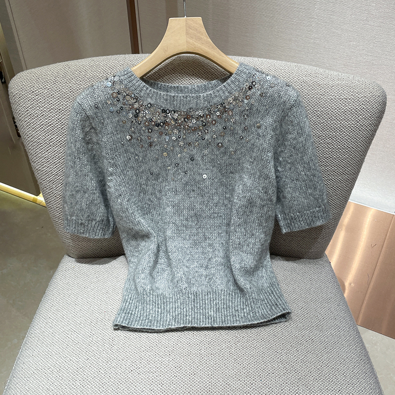Beaded Wool Knit Sweater 2026 Spring New Design Niche Round Neck Short-Sleeve Sweater T-Shirt Small Shirt Miu Style Top Beaded Wool Knit Sweater 2026 Spring New Design Niche Round Neck Short-Sleeve Sweater T-Shirt Small Shirt Miu Style Top