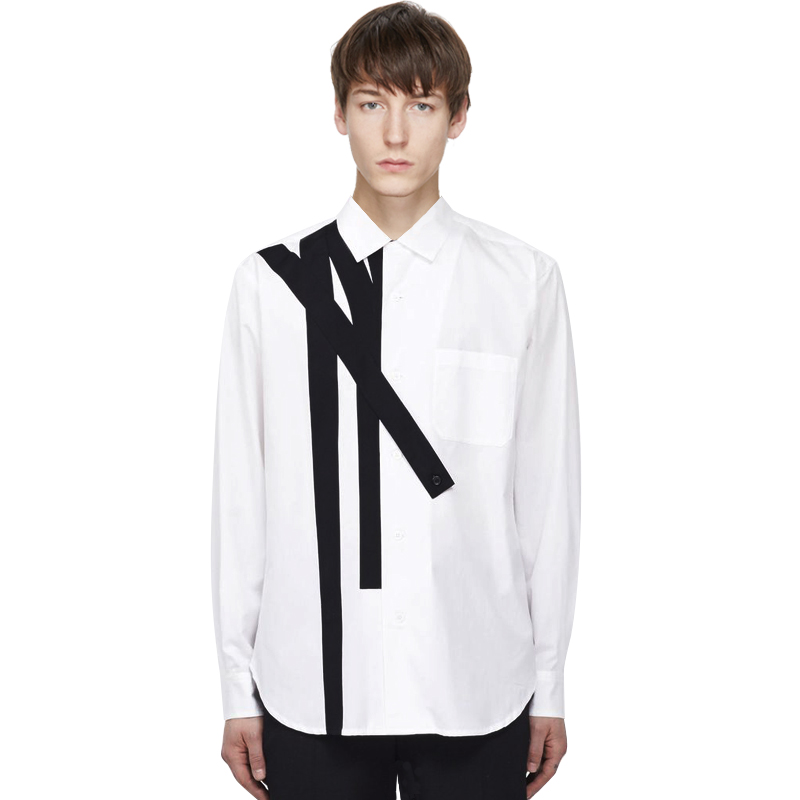 GAOSTUDIOS Black Line Irregular Stitching White Shirt Male Yamamoto Style Simple Beauty Salon Stylist