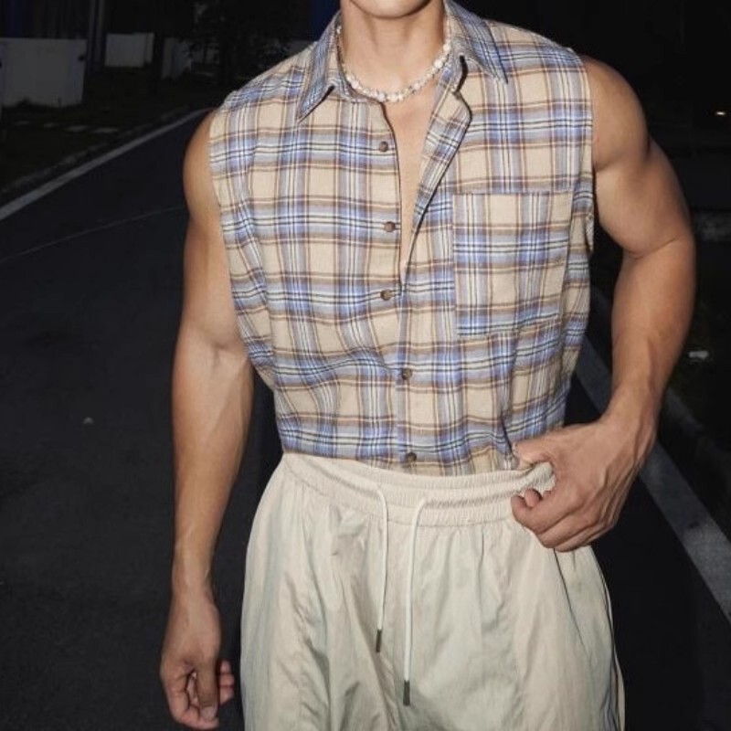 Men's Trendy and Cool 2025 New Summer Sports Fitness Quick-Drying American-Style Plaid Sleeveless Vest Shirt