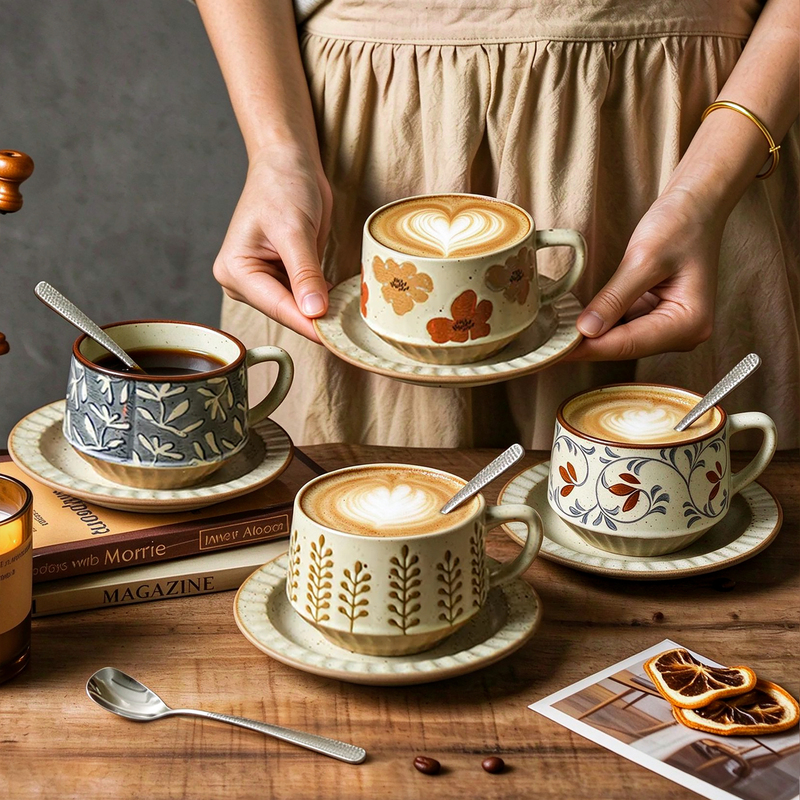 High-End Vintage Coffee Cup and Saucer Set, Rustic Ceramic Latte Art Cup, High-End Exquisite Mug with Underglaze Color for Home Use