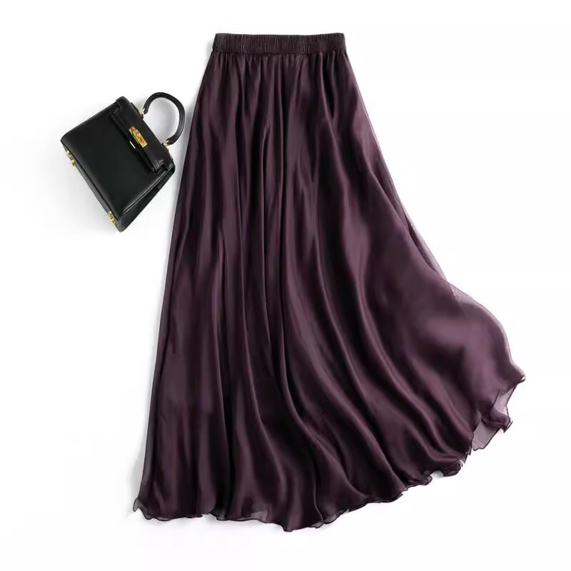 Brand Discount Clearance Women's Clothing Surplus Export Tail Stock Bias-Cut Large Hem Silk Purple Elastic Waist Skirt