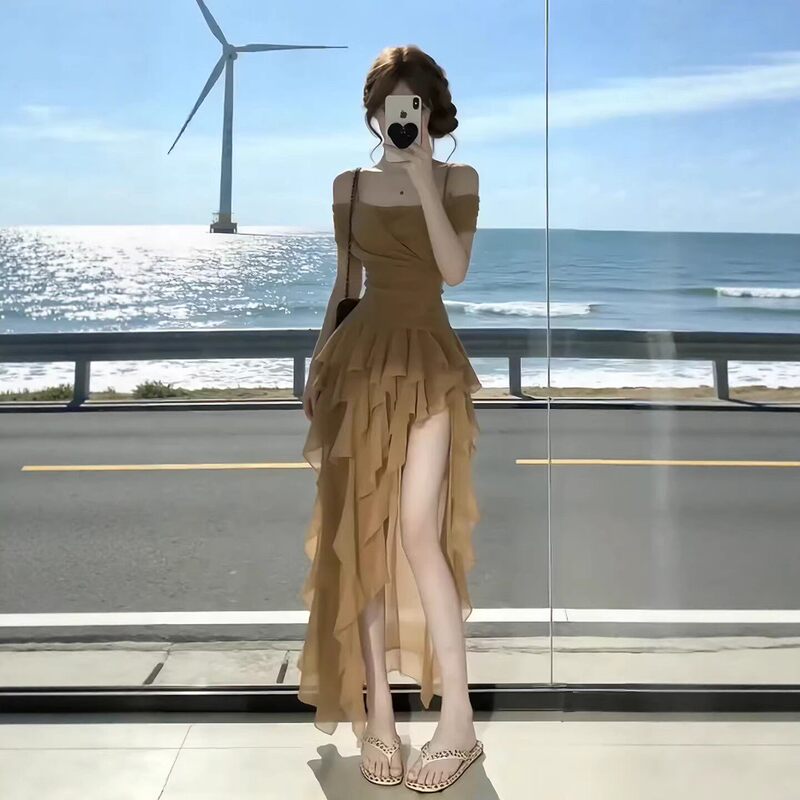 Coffee-Colored Spaghetti Strap Waist-Cinching Asymmetrical Dress 2026 Summer New High-End Long Dress French Style Women's Clothing