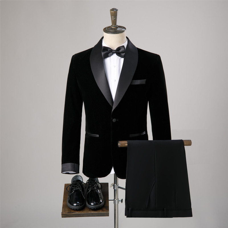 Men's Velvet Green Lapel Suit Set, Studio Groom Wedding Attire, Stage Host Slim-Fit Performance Suit