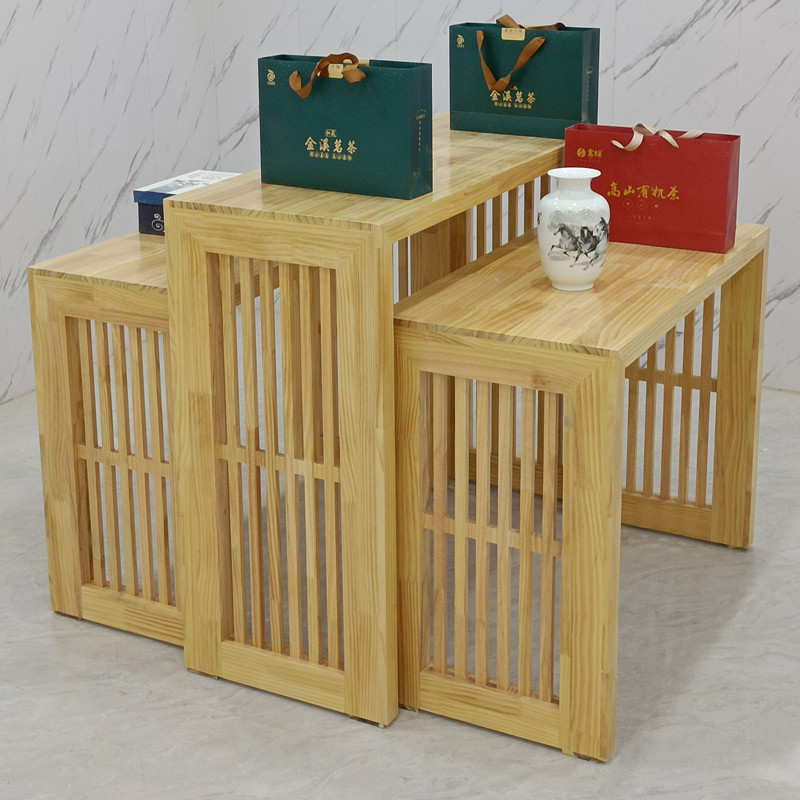 Tea shop running water Taichung style display stand Solid wood vintage display cabinet shelf Custom set box gift island platform