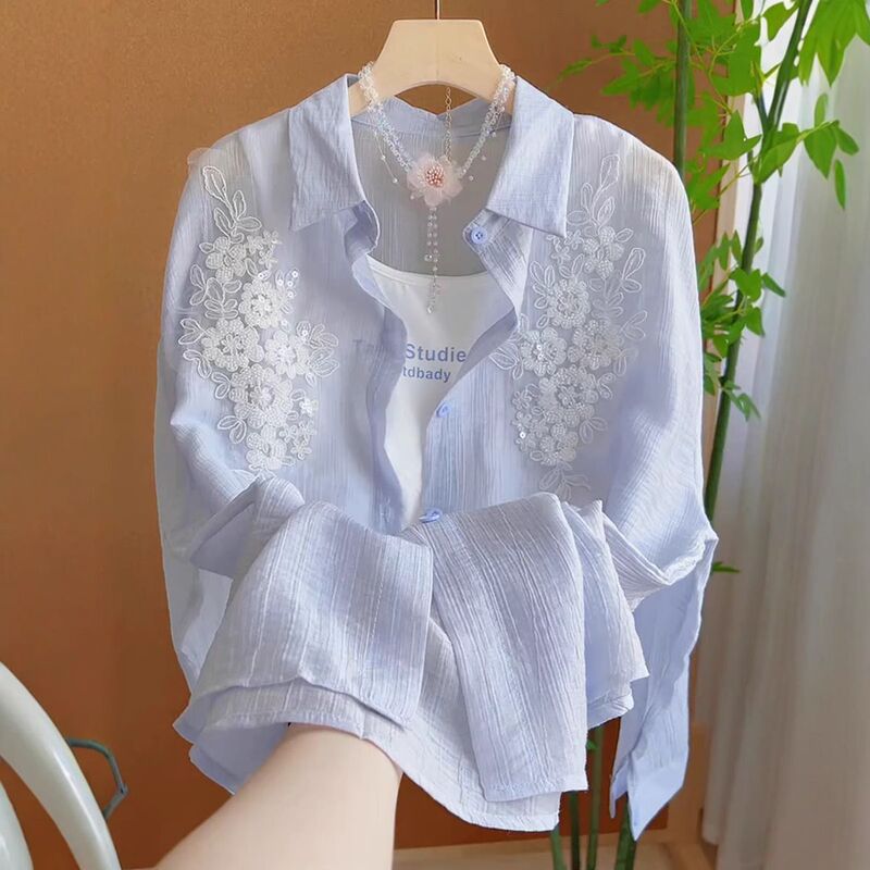 Designed with a Sense of Craftsmanship, This Long-Sleeve Shirt Features Heavy Embroidery and Sequins for Women, New Summer Style, Loose Fit, Versatile, Stylish, Age-Reducing, and Sun-Protective Top