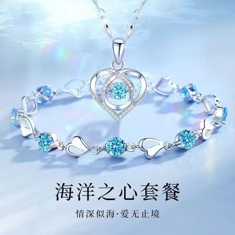 Silver-Plated Ocean Heart Set Blue Crystal Heart Shaped Bracelet Zircon Love Necklace Jewelry Silver-Plated Ocean Heart Set Blue Crystal Heart Shaped Bracelet Zircon Love Necklace Jewelry