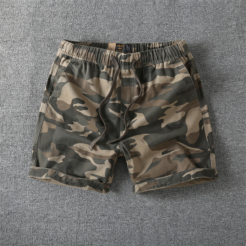 American Casual Men's Jogging Shorts, Pure Cotton Loose Three-Quarter Pants, Sports Running Camouflage Multi-Color Drawstring Waist