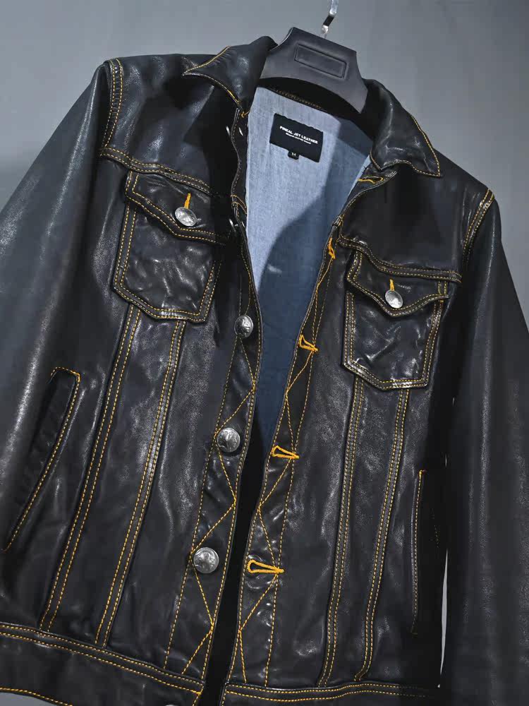 Japanese men's retro style adult clothes Washed old without water-dyed head layer sheepskin denim jacket Genuine leather leather clothing