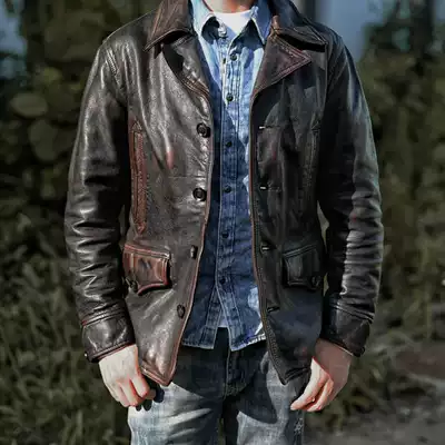 2021 New Japanese men's men's heavy vintage wash do old plant tanning first layer tea core horse skin dispatcher leather garment