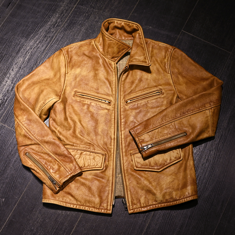 New trend men's clothing retro niche lapel short section rubbed old first layer cowhide casual jacket genuine leather jacket