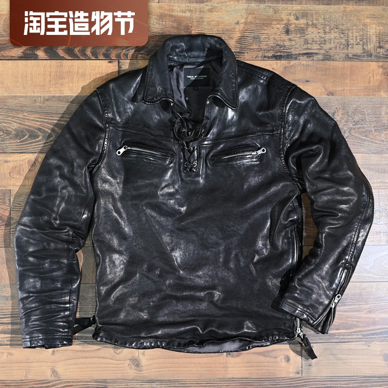 2021 Niche Japanese vintage washed uncoated vegetable tanned head layer Sheepskin pullover Motorcycle sweater jacket Genuine leather