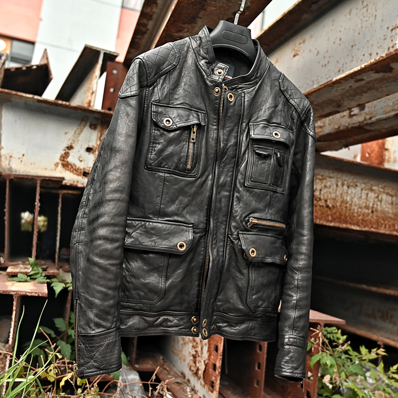 Japanese vintage men washed old 10 pockets vegetable tanned head layer sheepskin frock jacket Genuine leather hunting leather