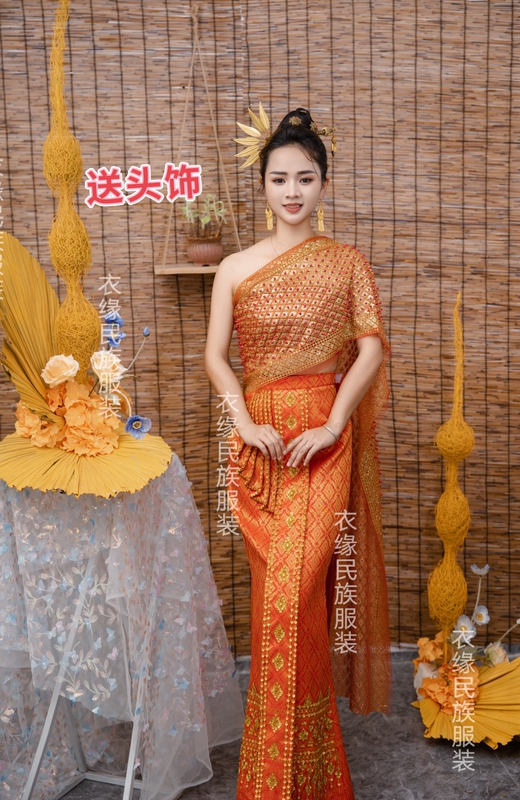 Dai Princess Costume Thai Traditional Clothing Women's Set Gold Embossed Veil Slim Fit Elegant Photo Studio Travel Photography Catwalk Reception