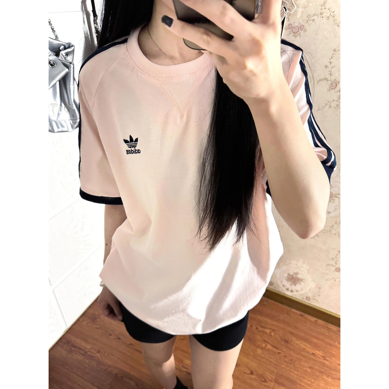 Summer Adidas T-Shirt for Women, Loose Fit, Couple's Three-Stripe Color-Block Top, Round Neck, Casual Short-Sleeve for Men