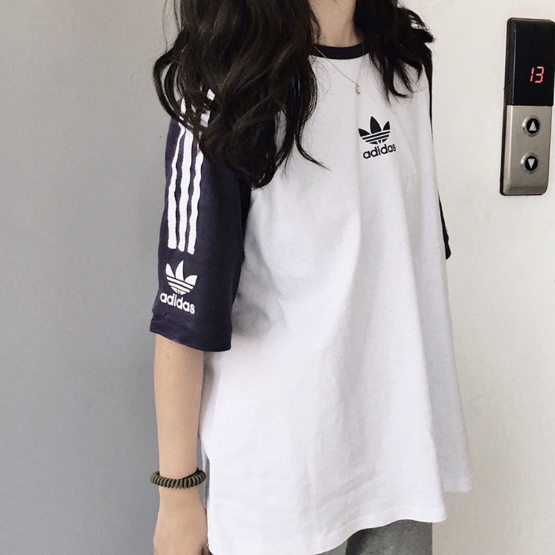 New Adidas T-Shirt for Women, Summer Loose Fit, Couple's Three-Stripe Top, Color-Blocking Versatile Short-Sleeve for Men