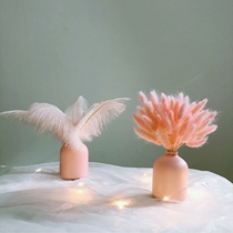 ins Ostrich feather rabbit tail grass dried flower bouquet immortalized flower ornaments Home decoration Mini ceramic vase net red