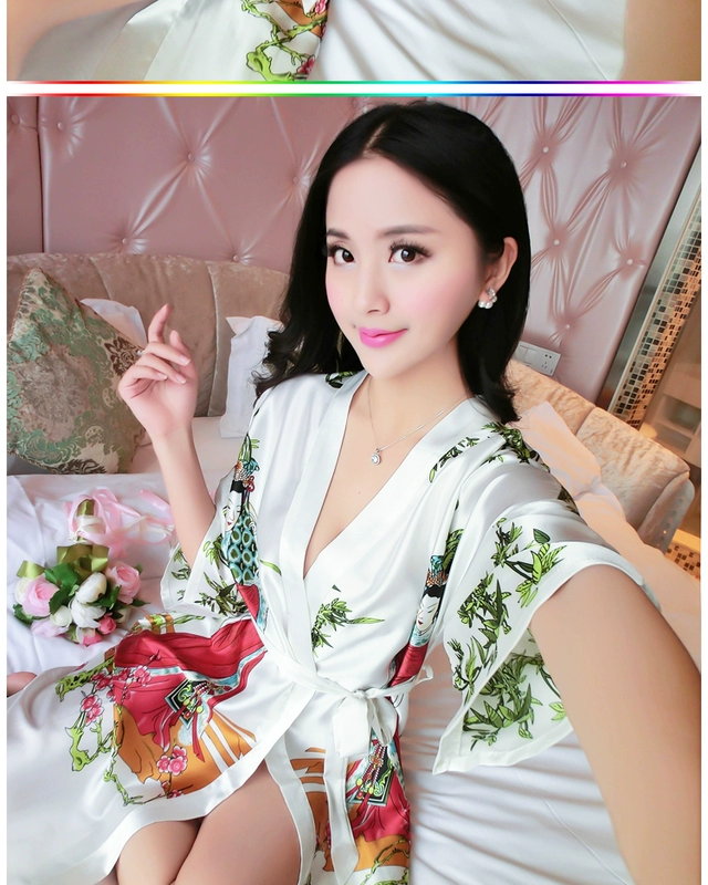 Mùa hè ngắn tay đồ ngủ lụa của phụ nữ sexy áo ngủ một mảnh nightdress cổ điển kimono ren áo choàng tắm đẹp dịch vụ nhà bộ pijama lụa