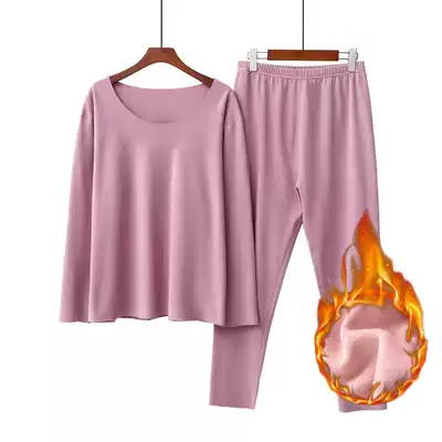 De velvet no trace hot clothing women plus velvet inside with base large size middle-aged autumn clothes sanitary pants women set 200kg