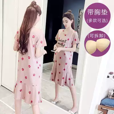 Popular summer version of Women's Cup-style pajamas Free Bra Nightgown S plus size with chest pads outside cotton