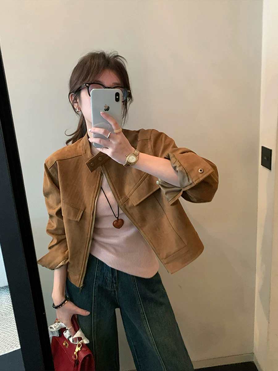 Короткая бархатная коричневая осенняя куртка с круглым воротником, oversize
