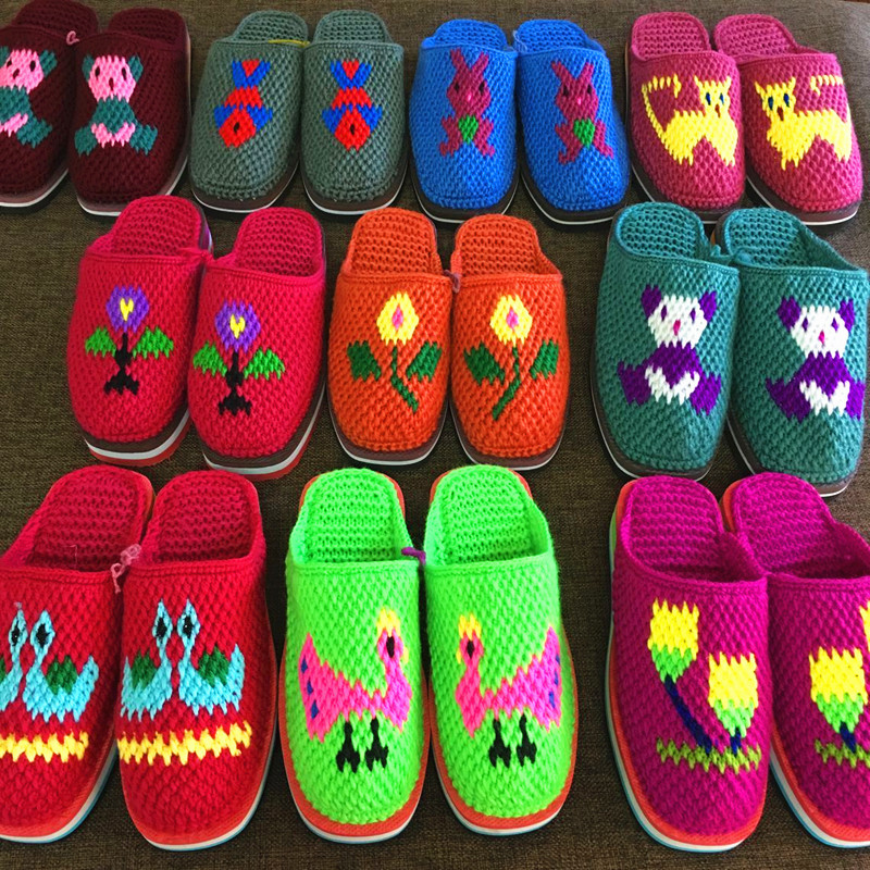 Handmade Crochet Wool Slippers for Men and Women, Chinese-Style Slippers, Wedding and Home Slippers, Non-Slip Wool Slippers, Finished Product