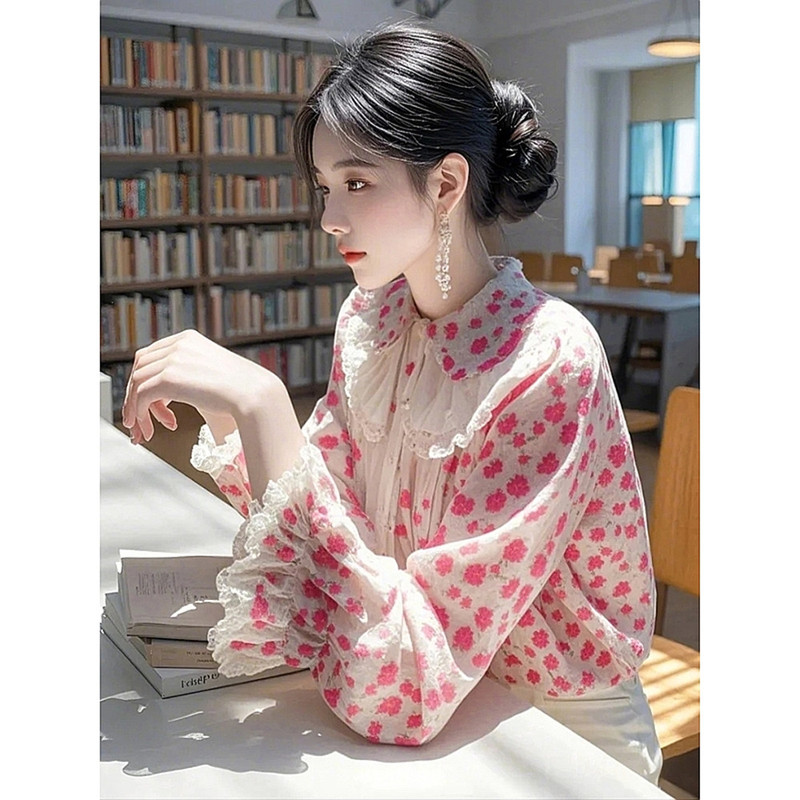 Authentic Gejia Women's Clothing 2026 Spring and Autumn Doll Collar Ruffled Flared Sleeve Chiffon Shirt Floral Lace Trim Blouse