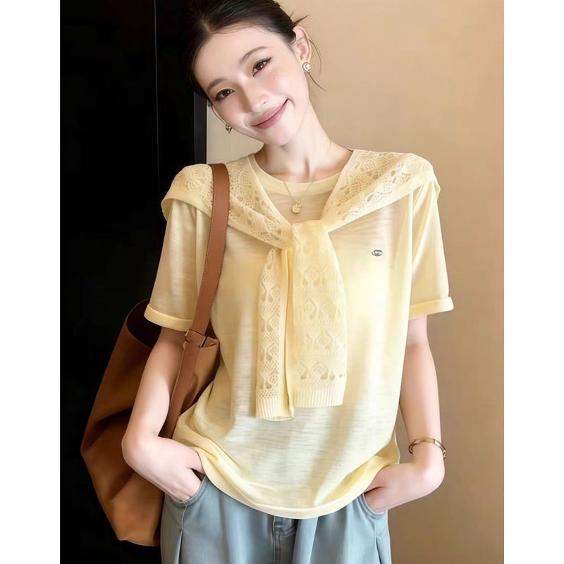 Authentic Gejia New 2026 Summer Design Hollow-Out Shawl Ice Silk Knitted Short-Sleeve T-Shirt Korean Style Top for Women